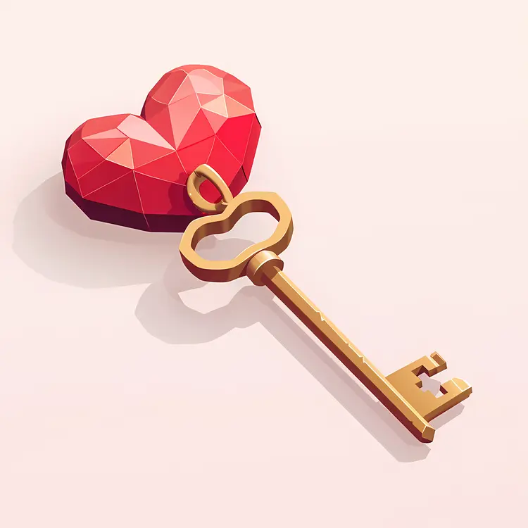 3D Heart Key with Red Gem for Valentine's Day