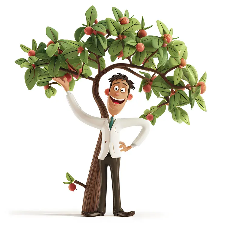 Cartoon Man with Apple Tree