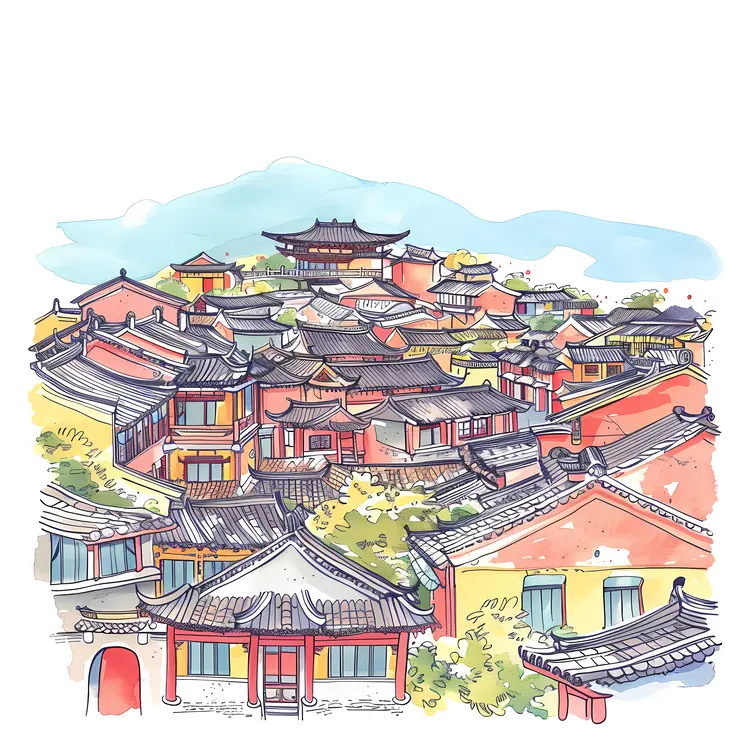Chinese Village Drawing