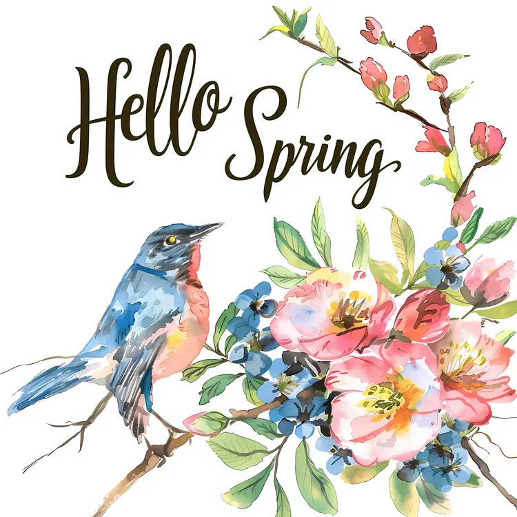 Hello Spring with Blue Bird and Pink Flowers