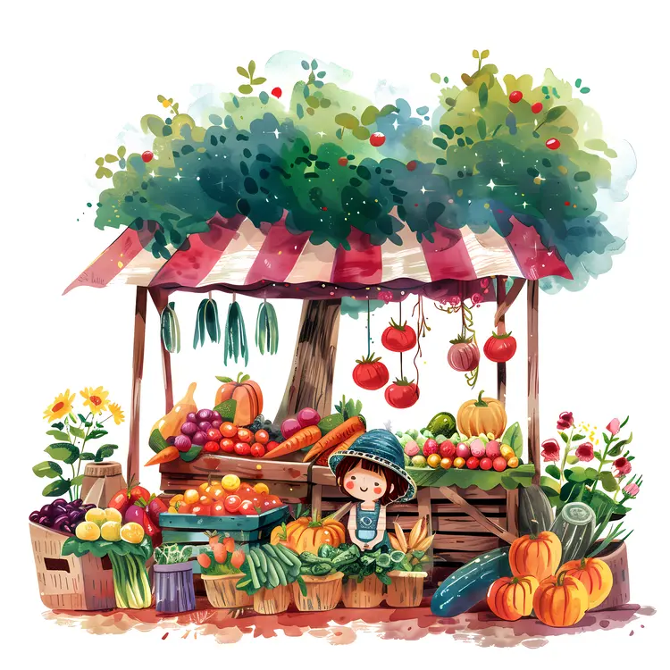 Colorful Market Stall with Vegetables and Fruits