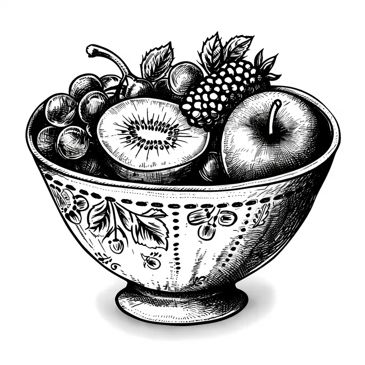 Black and White Fruit Bowl with Kiwi and Blackberry