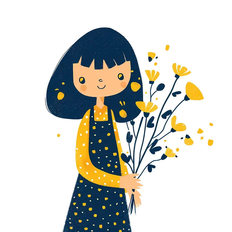 Cartoon Girl Holding a Bouquet of Flowers