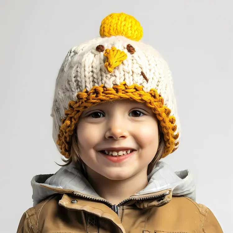 Smiling Child with Knitted Chicken Hat