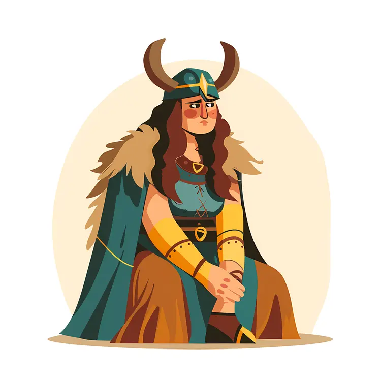 Viking Woman Sitting with Horned Helmet