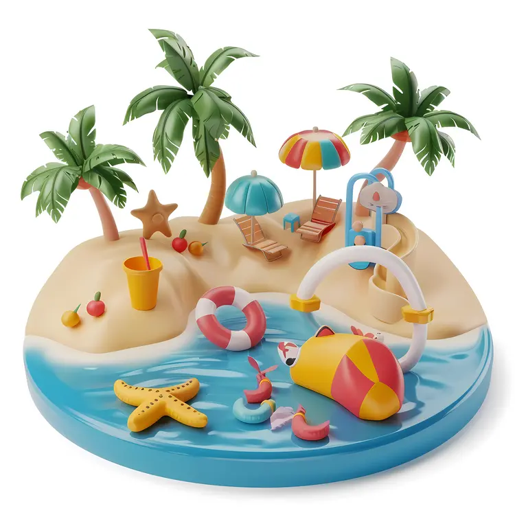 Tropical Beach Scene with Palm Trees and Umbrella