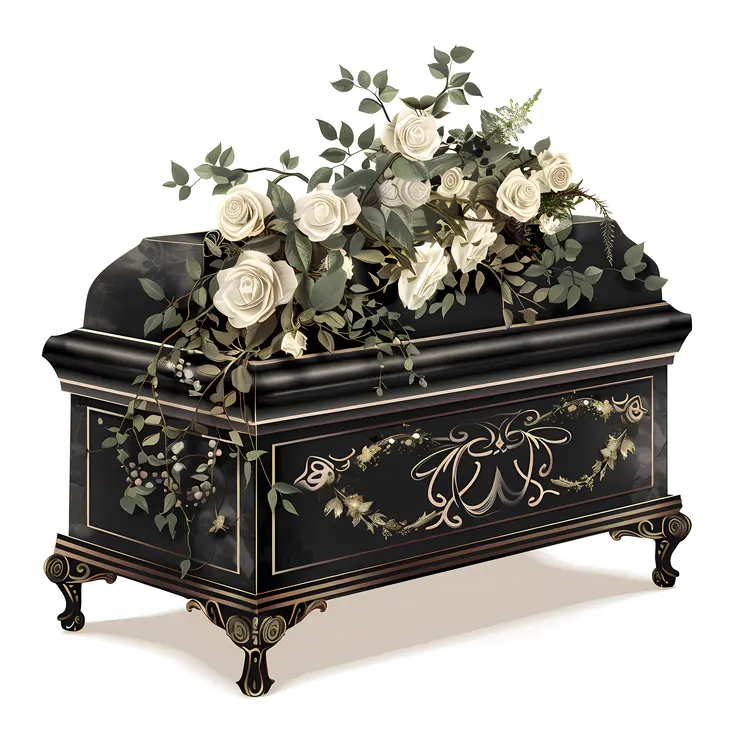 Black Decorative Casket with White Roses and Floral Design
