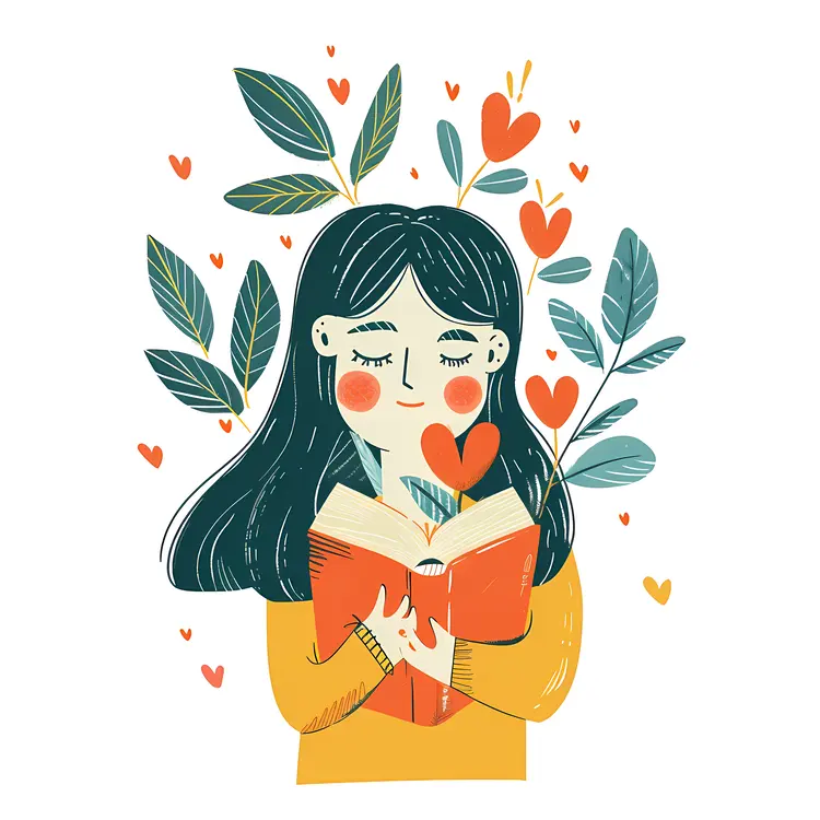 Cute Girl Reading Book with Hearts and Leaves