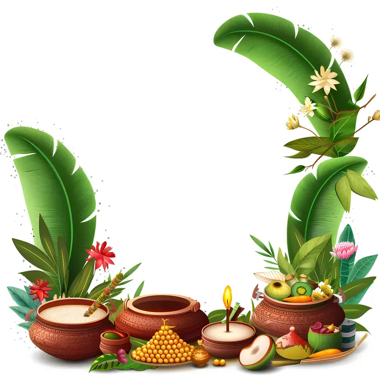 Traditional Ugadi Items with Pots and Leaves