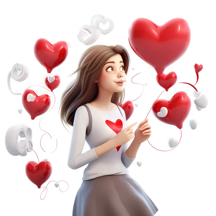 Girl Holding Red Heart Balloons