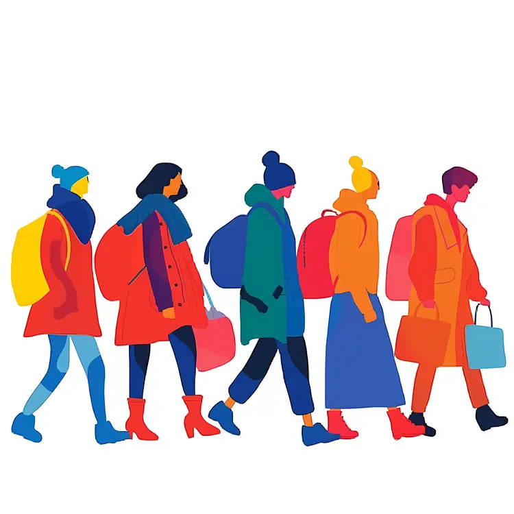 Colorful Group of People Walking with Bags