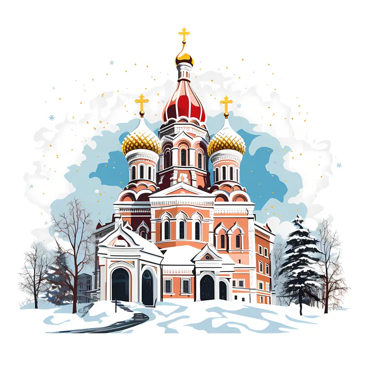 Snowy Church with Golden and Red Domes