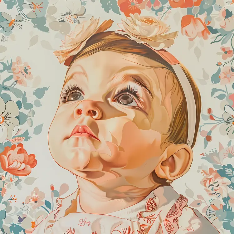 Cute Baby with Floral Background Looking Up