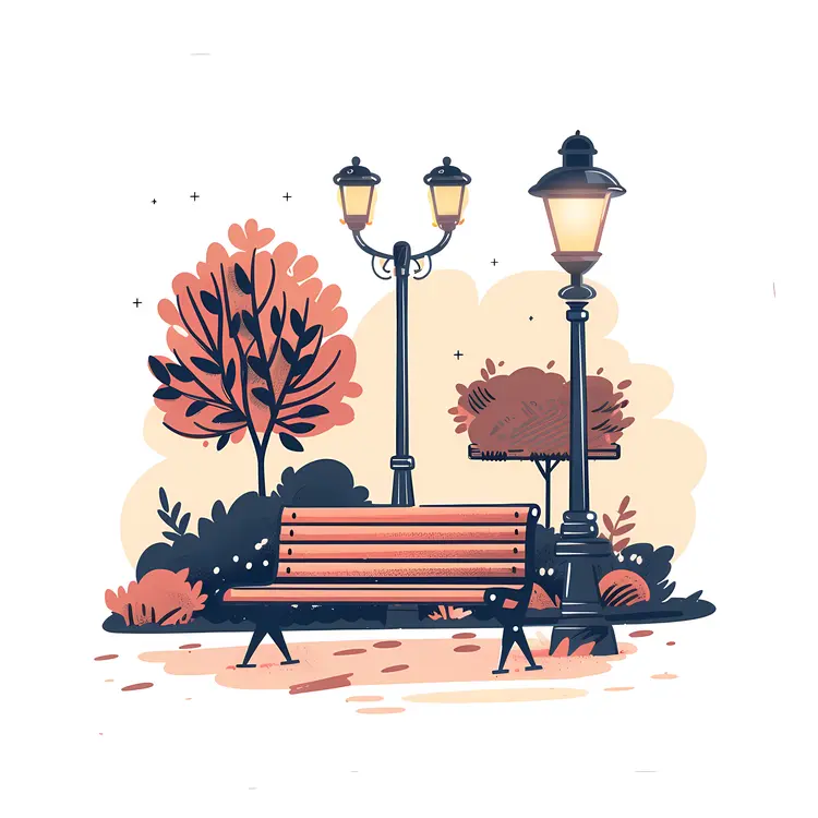 Park Bench with Tree and Lamp Post
