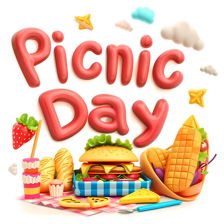 Picnic Day Typography with Food and Clouds