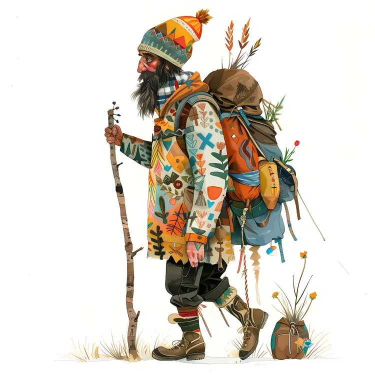 Colorful Hiker with Backpack and Walking Stick