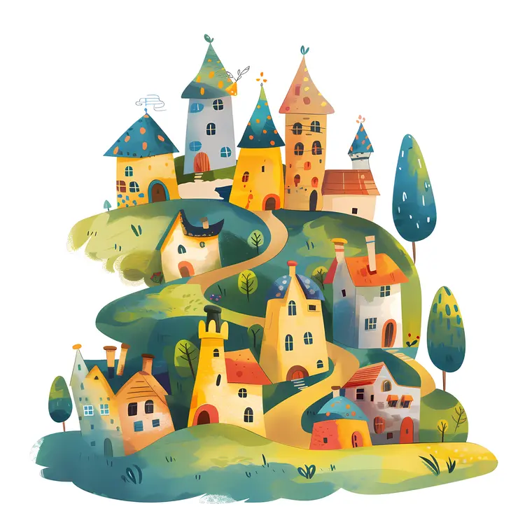 Colorful Doodle Houses on a Hill