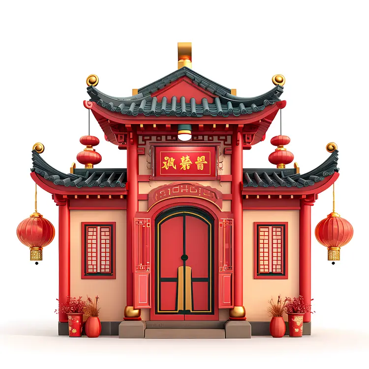 Traditional Chinese House with Red Lanterns