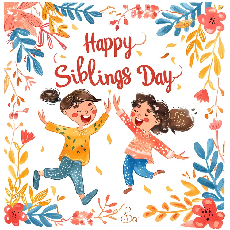Happy Siblings Day Cartoon Illustration with Two Kids and Flowers