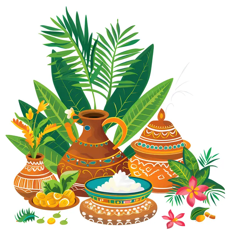 Traditional Pots and Leaves for Songkran Festival