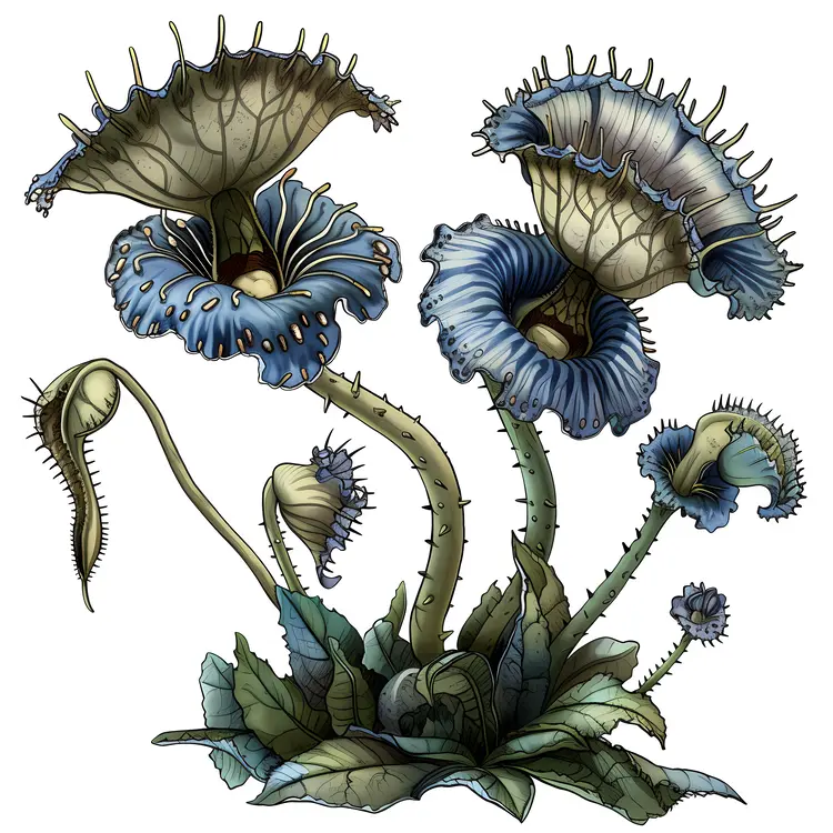 Detailed Illustration of Blue Carnivorous Plant