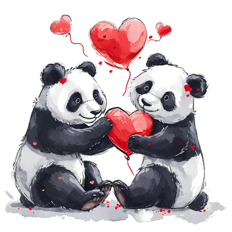 Pandas Holding Heart Balloons Illustration