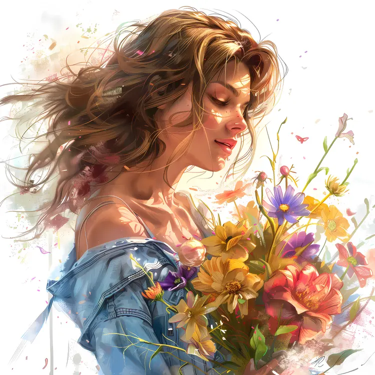 Woman Holding a Colorful Bouquet of Flowers