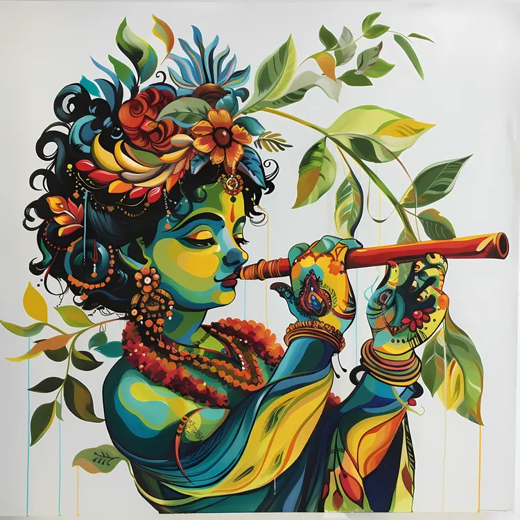 Krishna Playing Flute with Flowers