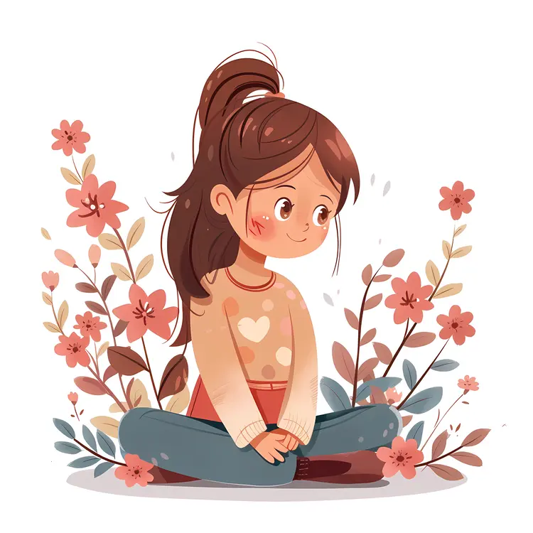 Little Girl Sitting Among Red Flowers