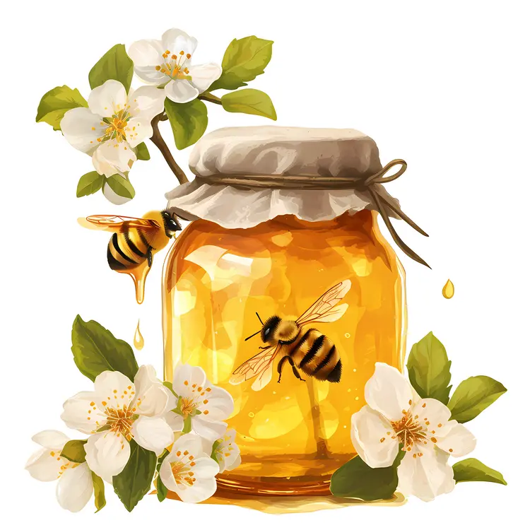 Honey Jar with Bees and Flowers