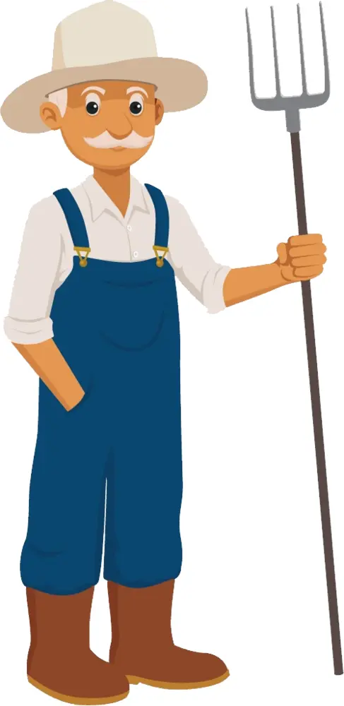 Farmer with Pitchfork in Blue Overalls
