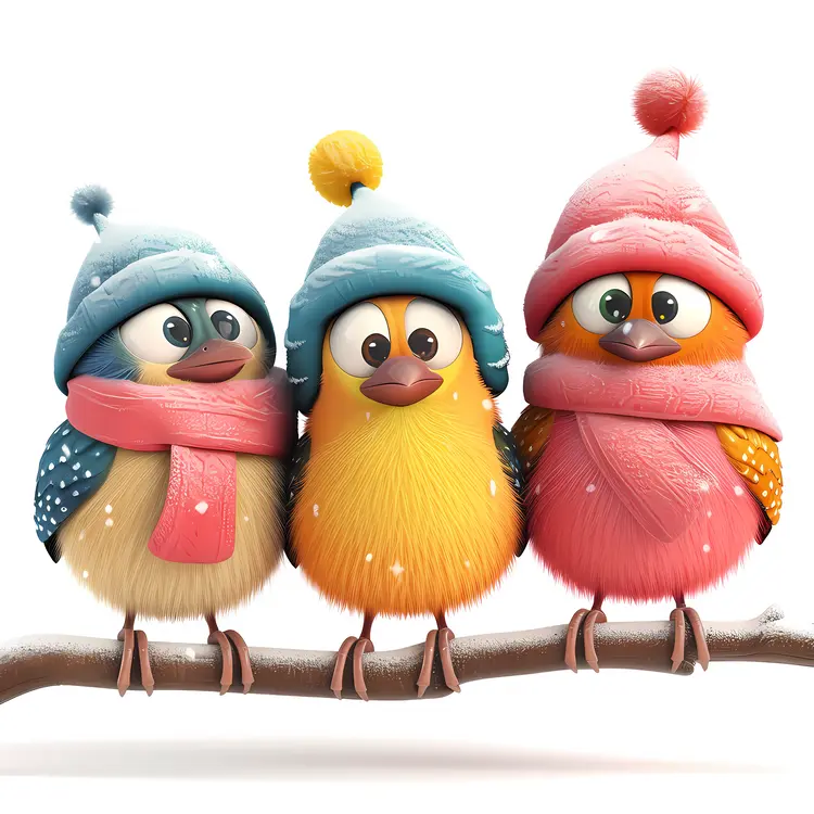 Three Birds with Hats and Scarves