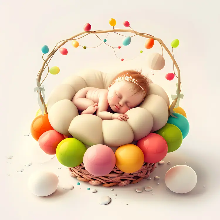 Sleeping Baby in Basket with Colorful Balls