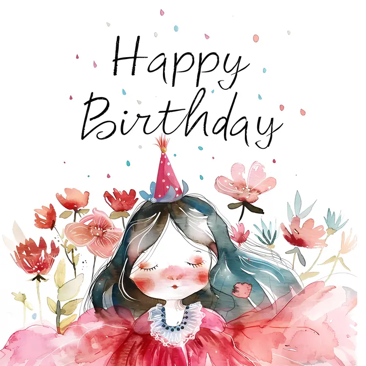 Happy Birthday with Girl and Flowers