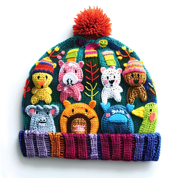 Colorful Knitted Hat with Animal Designs