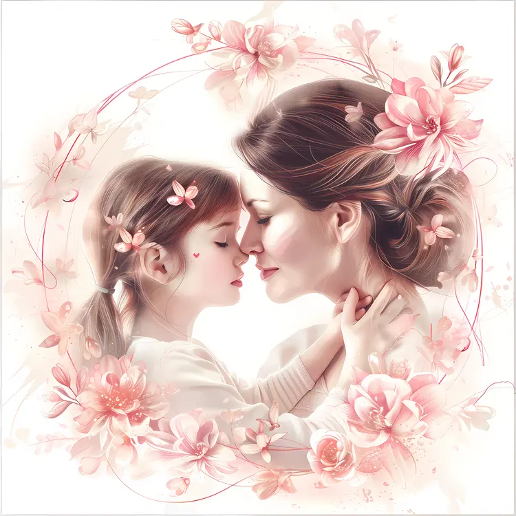 Illustration of Mother and Child with Pink Flowers