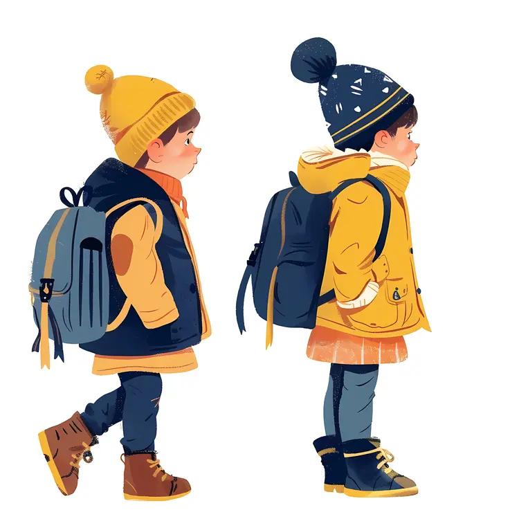Children with Backpacks in Winter Clothing