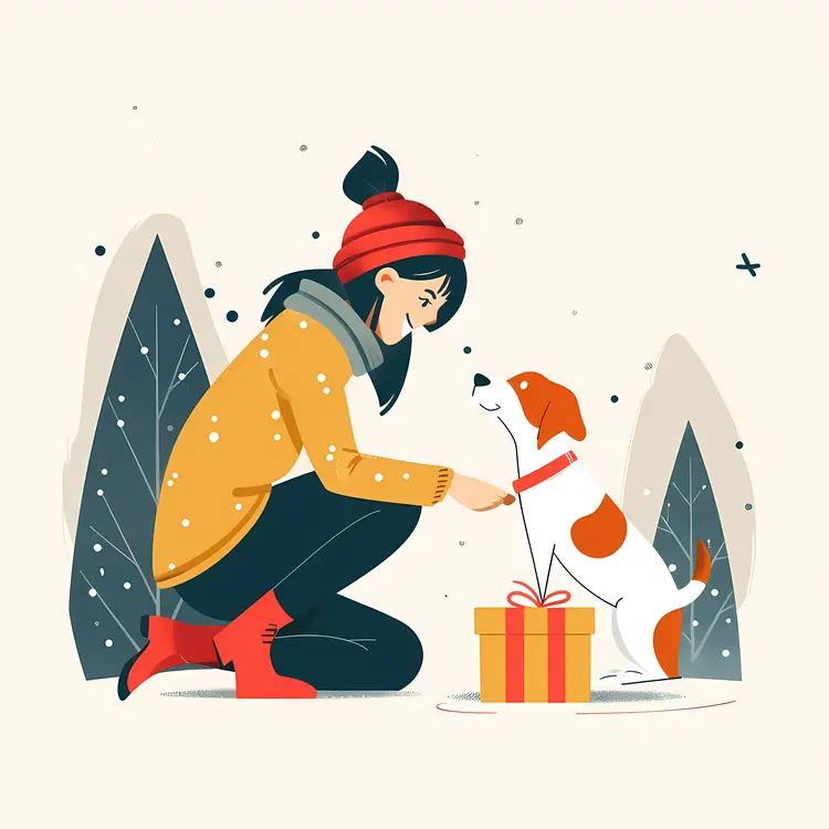 Woman and Dog with Gift in Winter Scene