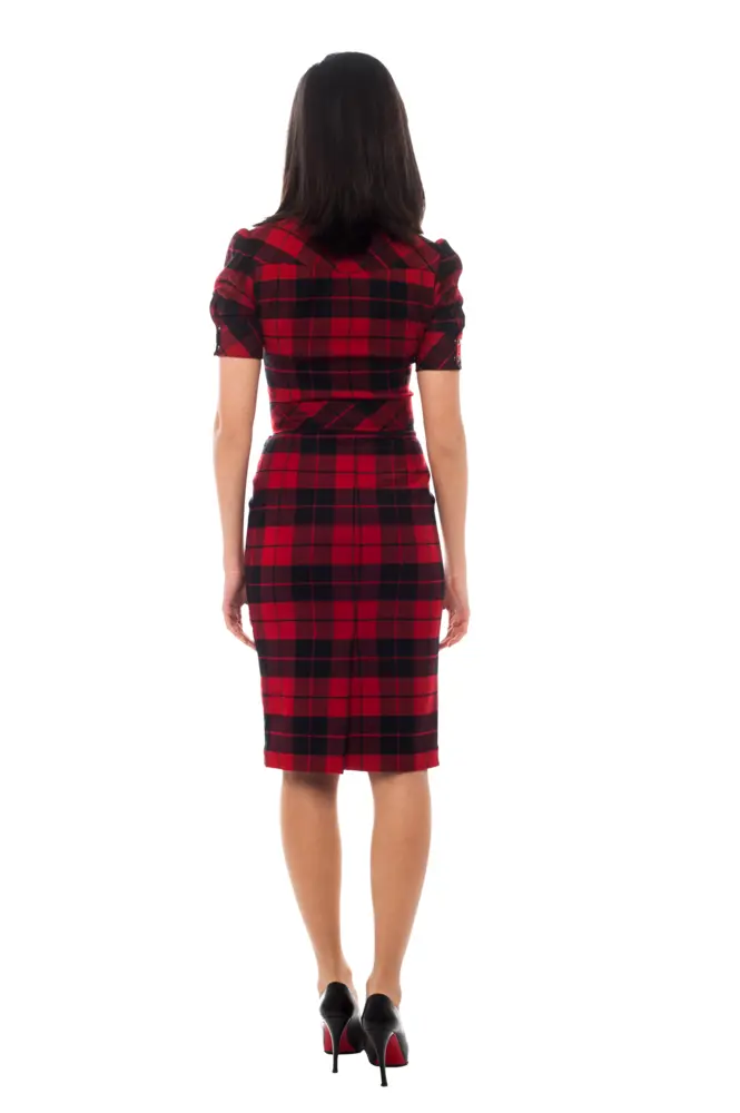 Elegant Woman in Red Plaid Dress