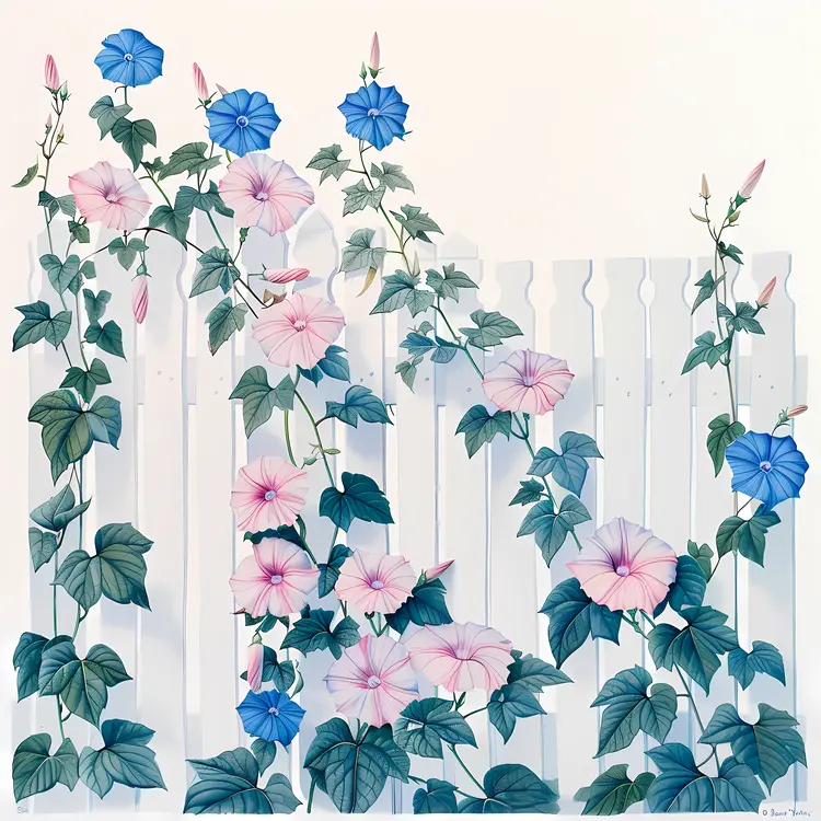 Morning Glory Flowers on White Fence