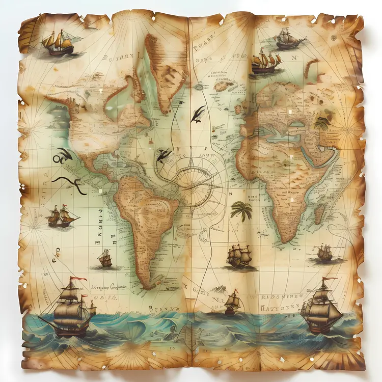 Historical World Map with Ships and Continents