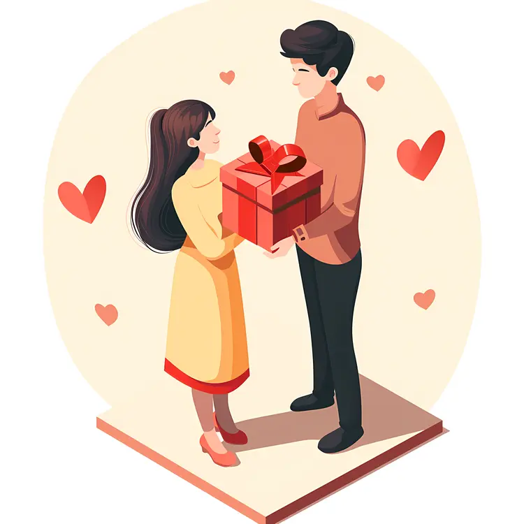 Couple Exchanging a Gift Box with Red Ribbon
