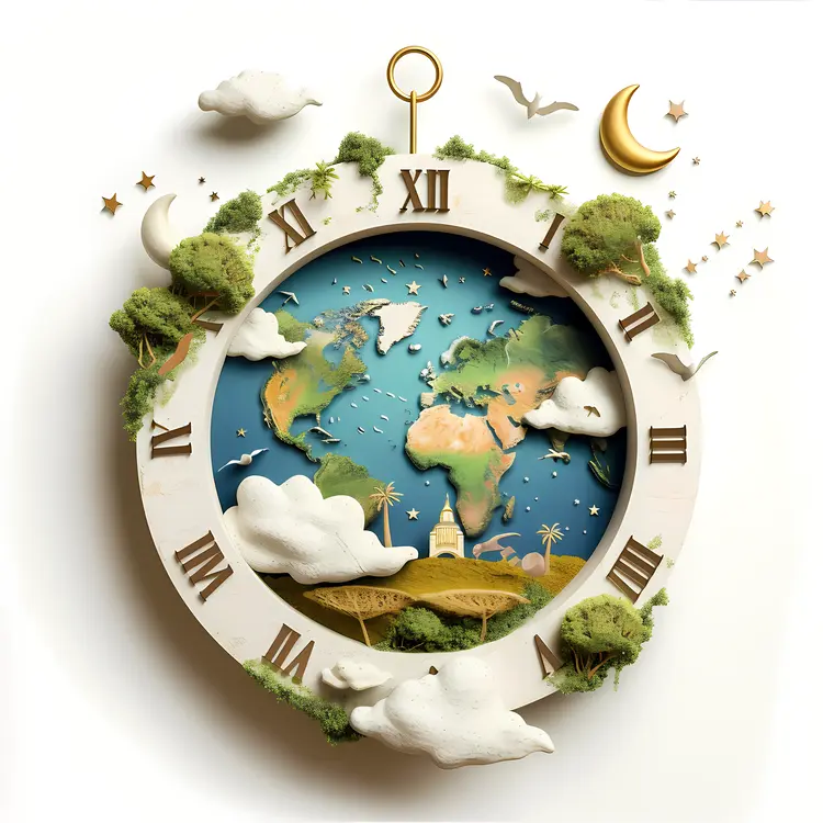 World Clock with Map and Nature Elements