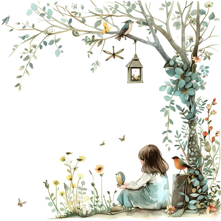 Peaceful Girl Sitting Under Tree with Birds