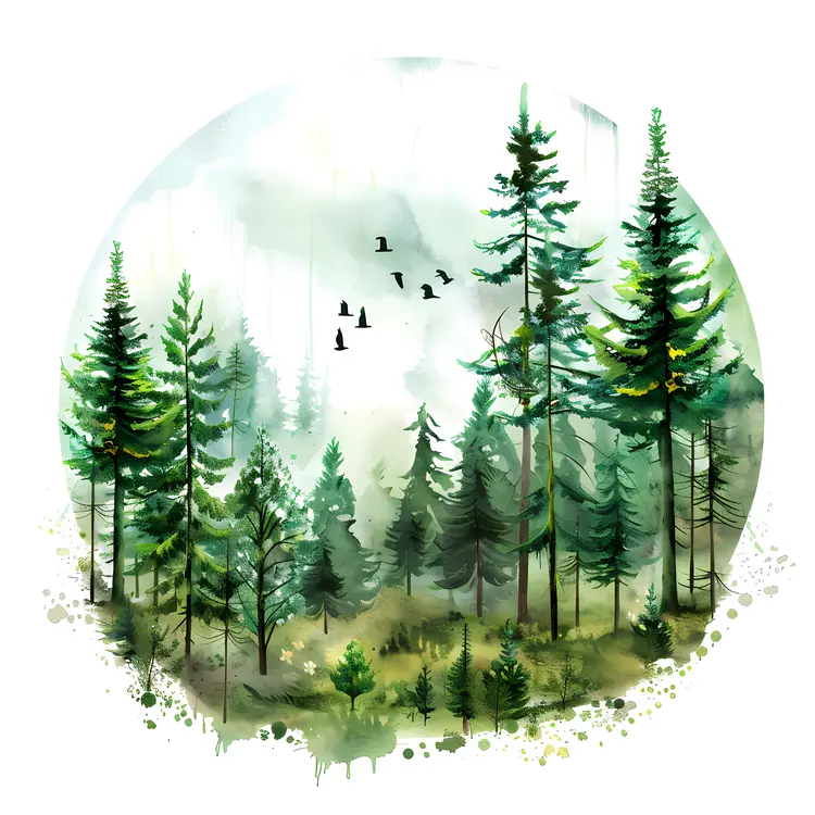 Serene Green Forest with Birds