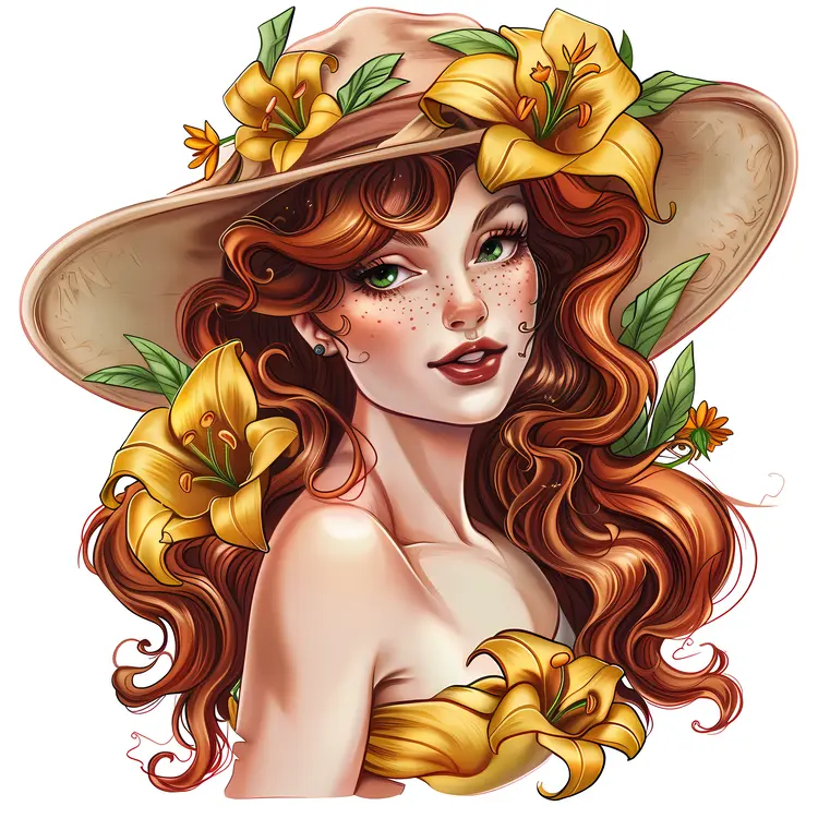 Beautiful Woman with Hat and Flowers