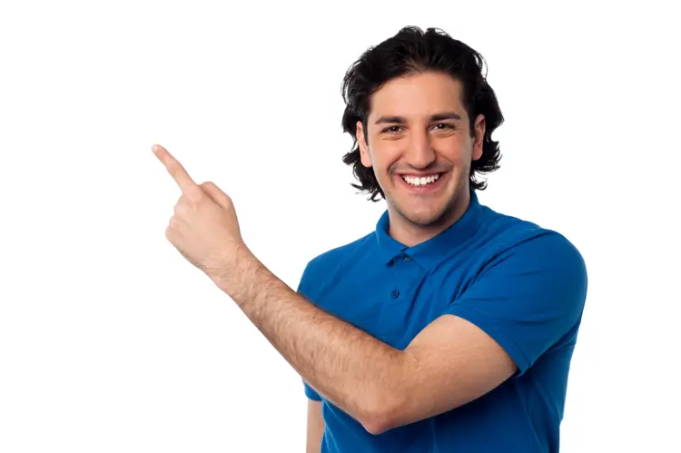 Smiling Man in Blue Shirt Pointing