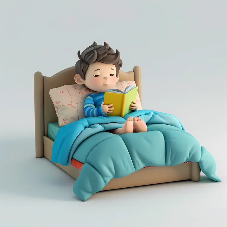 Boy Reading a Book in Bed with Blue Blanket