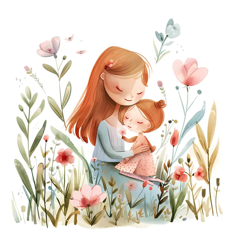 Illustration of Mother and Child in a Garden