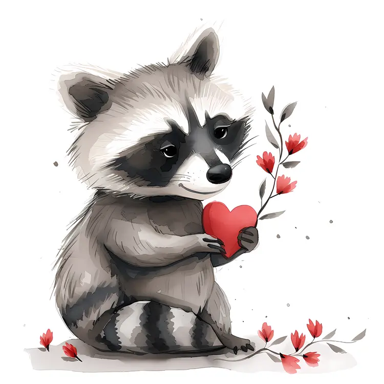 Raccoon Holding a Heart and Flowers